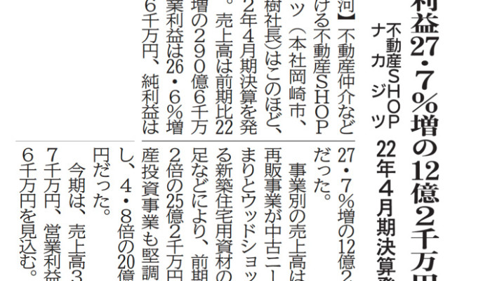 中部経済新聞に取り上げられました！