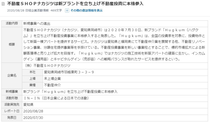 日経企業活動情報に掲載されました